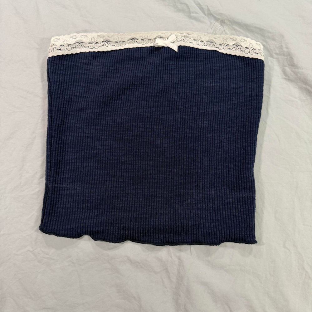 RSQ Women Navy Blue Lace‎ Trim Ribbed Tube Top XS Strapless Bow Bandeau NWT